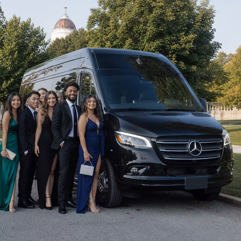 Group beside a Mercedes Sprinter limo from the Springfield fleet
