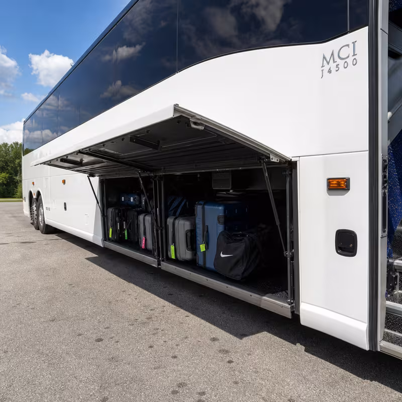 Party bus interior with wraparound leather seating and LED lighting in Springfield