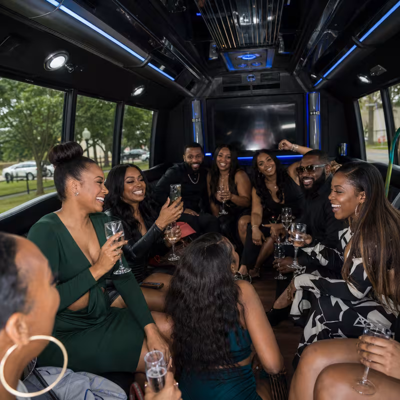 Black Mercedes Sprinter van staged for an Springfield Birthday Transportation group