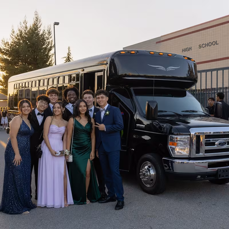 Group boarding a white charter bus for Prom & Homecoming Transportation transportation in Springfield