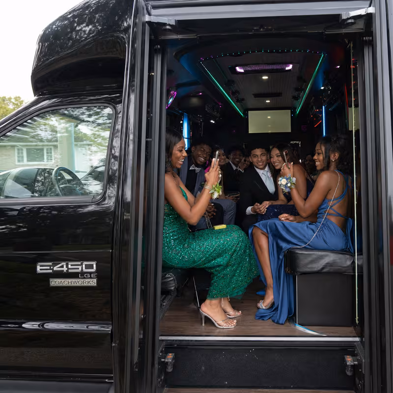 Black Mercedes Sprinter van staged for an Springfield Prom & Homecoming Transportation group