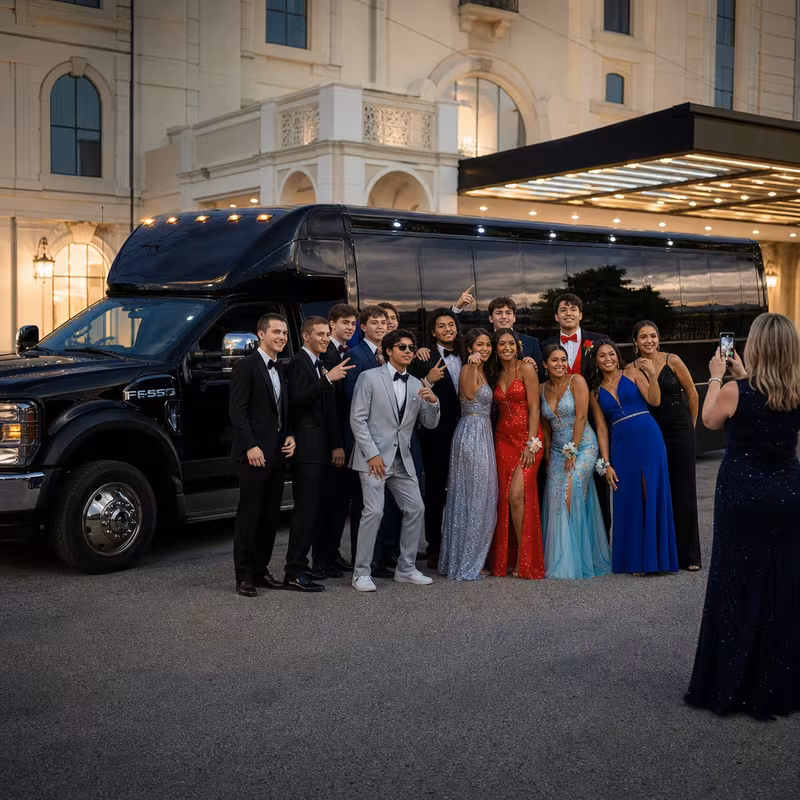 Party bus interior with wraparound leather seating and LED lighting in Springfield